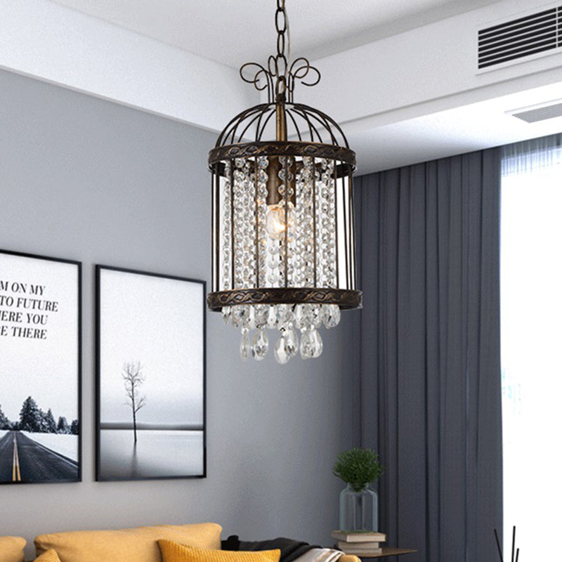 Metal Bird Cage Hanging Pendant Light - Vintage Style with Crystal Beaded Strand in Antique Bronze