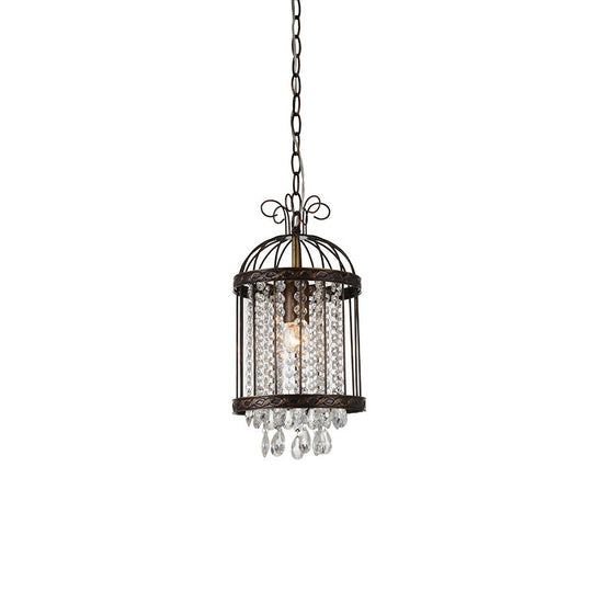 Metal Bird Cage Hanging Pendant Light - Vintage Style with Crystal Beaded Strand in Antique Bronze