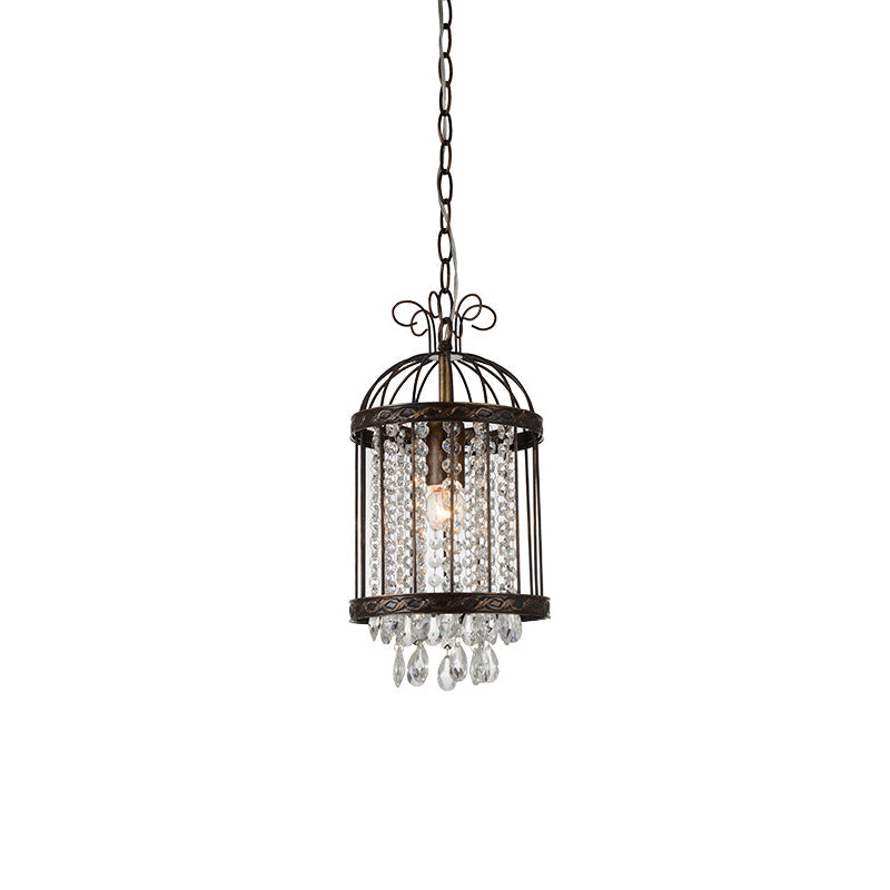 Vintage Bird Cage Pendant Light With Crystal Beads In Antique Bronze