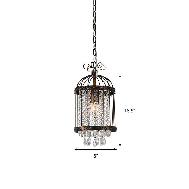 Metal Bird Cage Hanging Pendant Light - Vintage Style with Crystal Beaded Strand in Antique Bronze