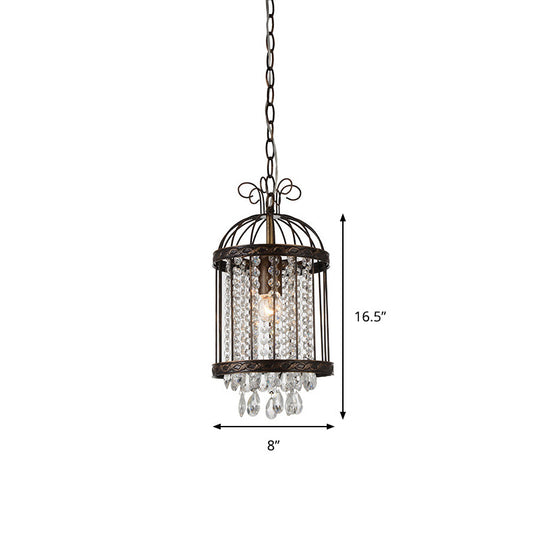 Metal Bird Cage Hanging Pendant Light - Vintage Style with Crystal Beaded Strand in Antique Bronze