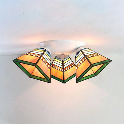 Vintage Stained Glass Geometric Ceiling Light with Wire Mesh, Stripes & Geometric Pattern - 3-Light Flushmount in White