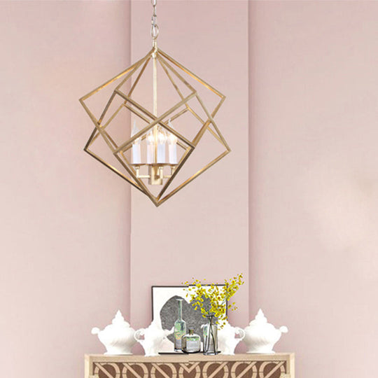 Industrial Metal Pendant Light Fixture - Prismatic/Rhombus Cage Shade, 4-Light Suspension in Gold