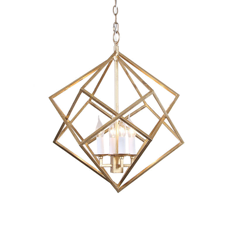 Industrial Metal Pendant Light Fixture - Prismatic/Rhombus Cage Shade, 4-Light Suspension in Gold