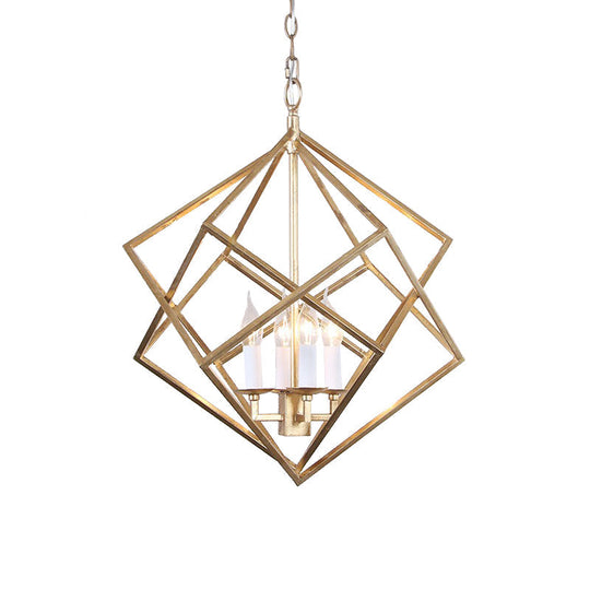 Gold Industrial Metal Pendant Light Fixture: Prismatic/Rhombus Cage Shade 4-Light Suspension