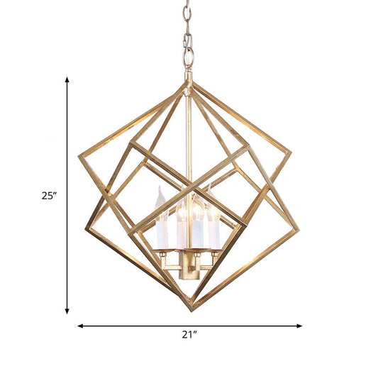 Industrial Metal Pendant Light Fixture - Prismatic/Rhombus Cage Shade, 4-Light Suspension in Gold