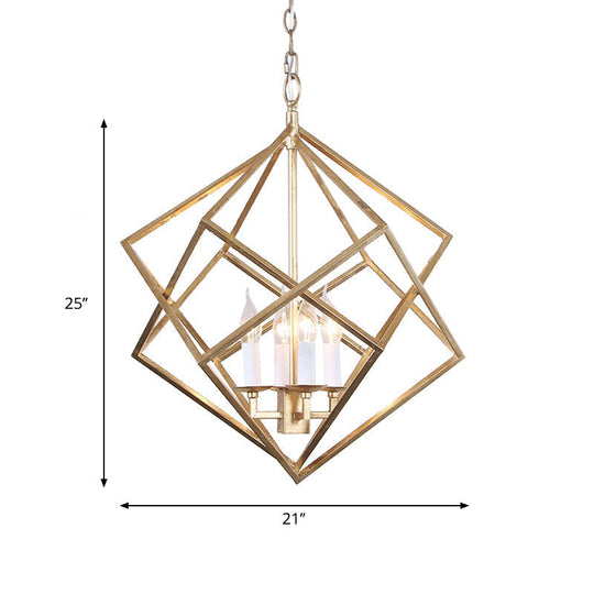 Gold Industrial Metal Pendant Light Fixture: Prismatic/Rhombus Cage Shade 4-Light Suspension