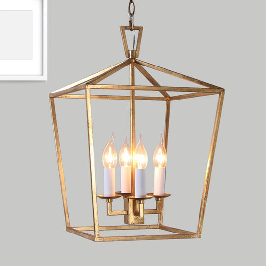 Industrial Metal Pendant Light Fixture - Prismatic/Rhombus Cage Shade, 4-Light Suspension in Gold