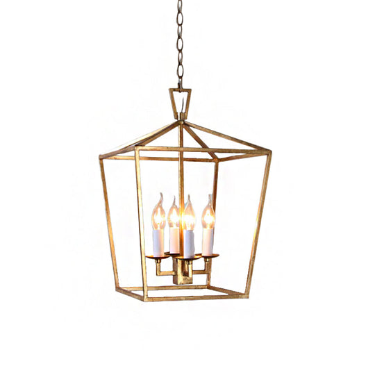 Industrial Metal Pendant Light Fixture - Prismatic/Rhombus Cage Shade, 4-Light Suspension in Gold