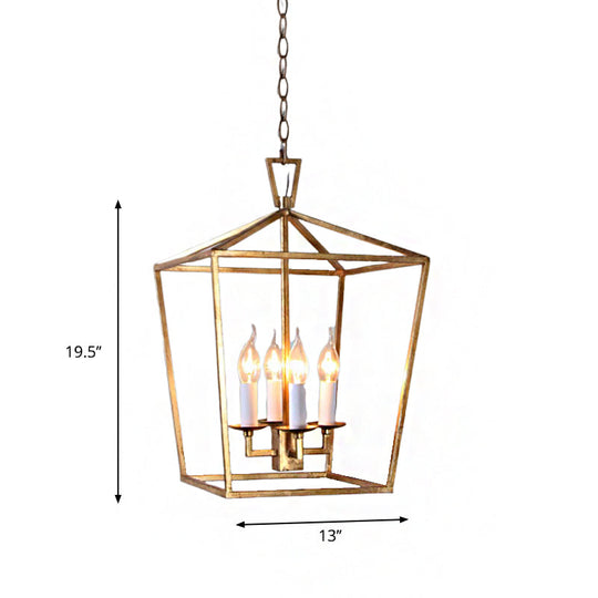 Industrial Metal Pendant Light Fixture - Prismatic/Rhombus Cage Shade, 4-Light Suspension in Gold