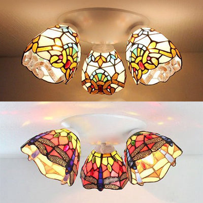 Tiffany Stained Glass Flushmount Ceiling Light with Beige/Orange Dome - Ideal for Bedrooms