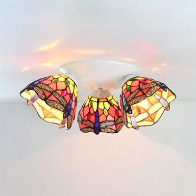 Tiffany Stained Glass Flushmount Ceiling Light with Beige/Orange Dome - Ideal for Bedrooms