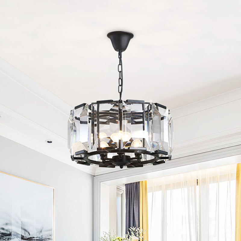 Vintage Black Metal Drum Shade Chandelier with Crystal Block - 18" Diameter, 5/8 Heads Hanging Lamp