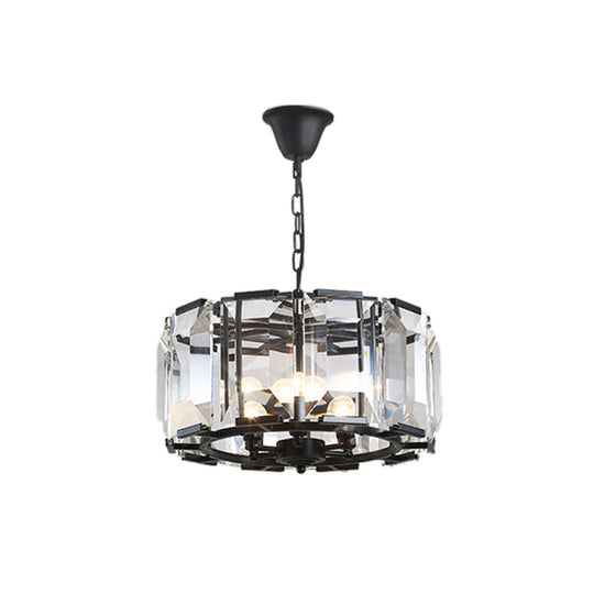 Vintage Black Metal Drum Shade Chandelier with Crystal Block - 18" Diameter, 5/8 Heads Hanging Lamp