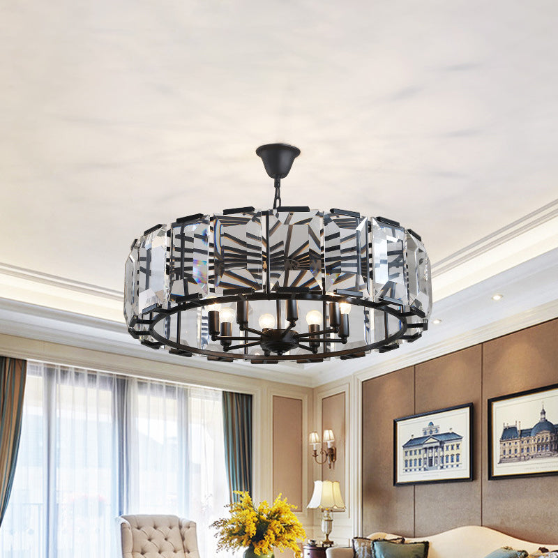 Metal Drum Shade Ceiling Chandelier With Crystal Block: Vintage 5/8 Heads Hanging Lamp (18/25.5