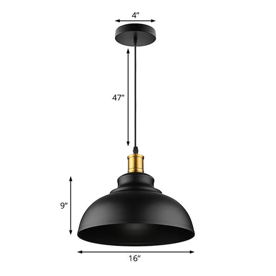 Adjustable Cord Black/White Retro Metal Dome Shade Ceiling Pendant - 1 Bulb Hanging Fixture in 12"/14"/16" W