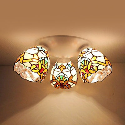 Tiffany Stained Glass Flushmount Ceiling Light with Beige/Orange Dome - Ideal for Bedrooms