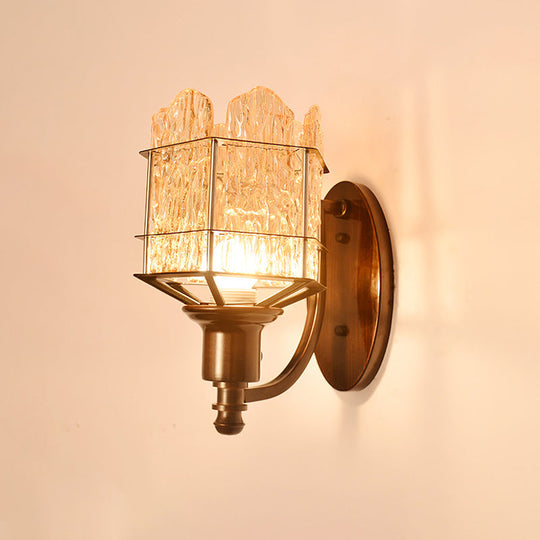 Contemporary Rippled Glass Wall Light Fixture With Metal Cage - Black Finish Flush Mount Sconce