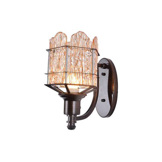 Contemporary Rippled Glass Wall Light Fixture With Metal Cage - Black Finish Flush Mount Sconce