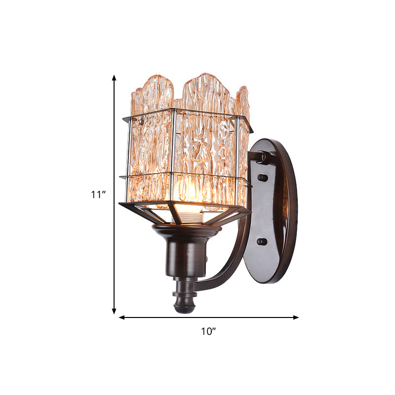 Contemporary Rippled Glass Wall Light Fixture With Metal Cage - Black Finish Flush Mount Sconce