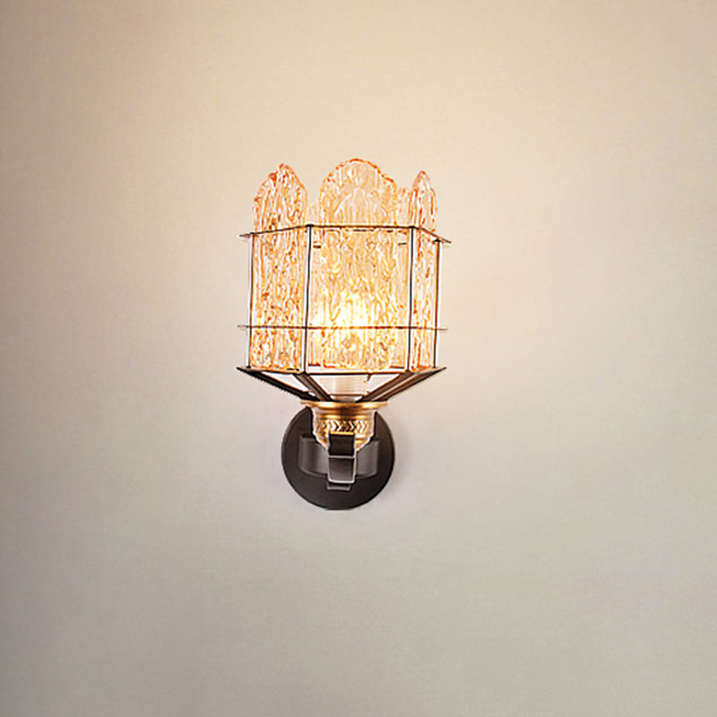 Contemporary Rippled Glass Wall Light Fixture With Metal Cage - Black Finish Flush Mount Sconce