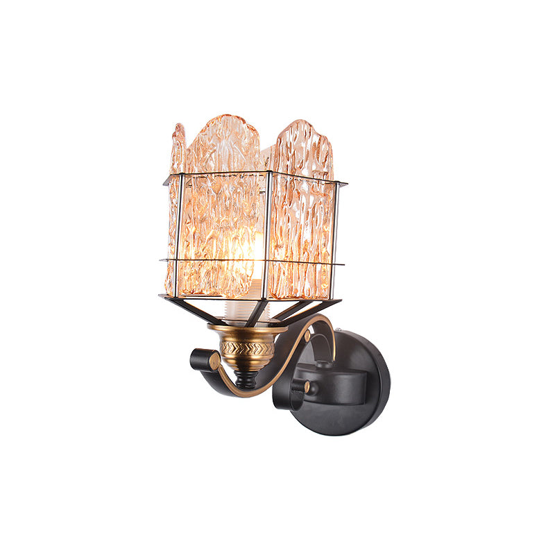 Contemporary Rippled Glass Wall Light Fixture With Metal Cage - Black Finish Flush Mount Sconce