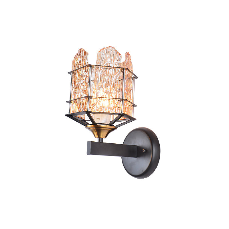 Contemporary Rippled Glass Wall Light Fixture With Metal Cage - Black Finish Flush Mount Sconce