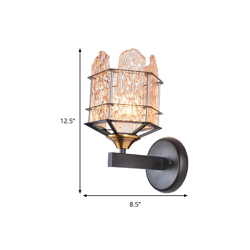 Contemporary Rippled Glass Wall Light Fixture With Metal Cage - Black Finish Flush Mount Sconce