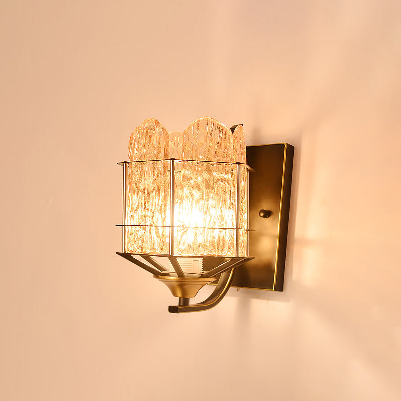 Contemporary Rippled Glass Wall Light Fixture With Metal Cage - Black Finish Flush Mount Sconce