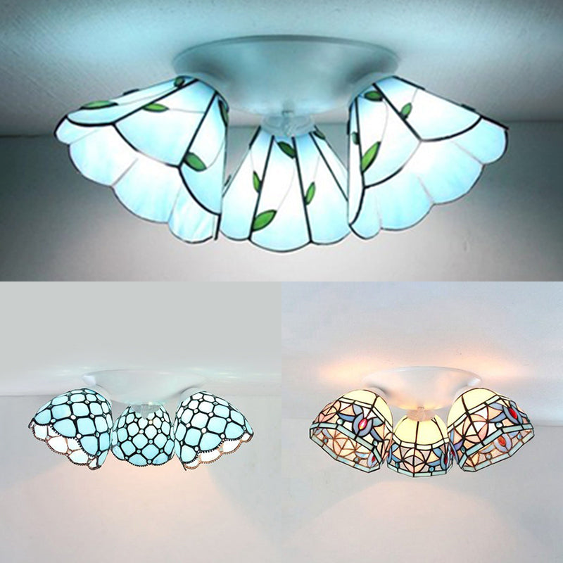 Vintage Magnolia Stained Glass 3-Head Ceiling Fixture in White Flush Mount