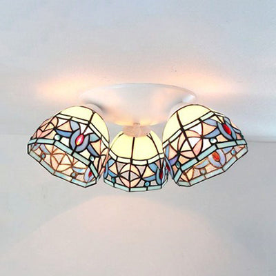 Vintage Magnolia Stained Glass 3-Head Ceiling Fixture in White Flush Mount