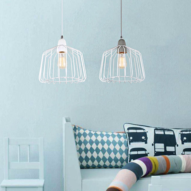 Vintage Cage Pendant Light With Metal Grey/White Finish - 1-Light Hanging Fixture For Bedroom