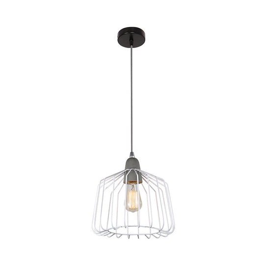 Vintage Cage Pendant Light With Metal Grey/White Finish - 1-Light Hanging Fixture For Bedroom