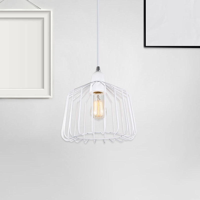 Vintage Cage Pendant Light With Metal Grey/White Finish - 1-Light Hanging Fixture For Bedroom White