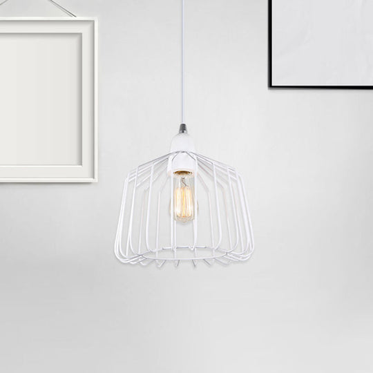 Vintage Cage Pendant Light With Metal Grey/White Finish - 1-Light Hanging Fixture For Bedroom White