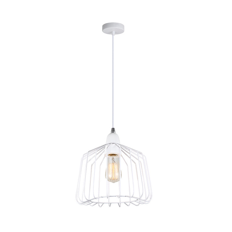 Vintage Cage Pendant Light With Metal Grey/White Finish - 1-Light Hanging Fixture For Bedroom