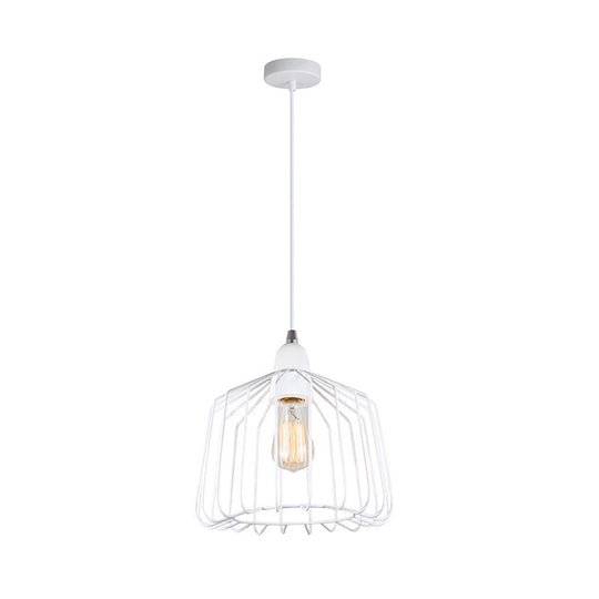 Vintage Cage Pendant Light With Metal Grey/White Finish - 1-Light Hanging Fixture For Bedroom