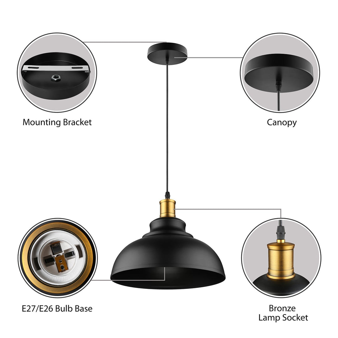 Adjustable Cord Black/White Retro Metal Dome Shade Ceiling Pendant - 1 Bulb Hanging Fixture in 12"/14"/16" W