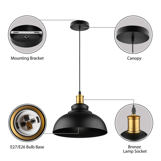 Adjustable Cord Black/White Retro Metal Dome Shade Ceiling Pendant - 1 Bulb Hanging Fixture in 12"/14"/16" W