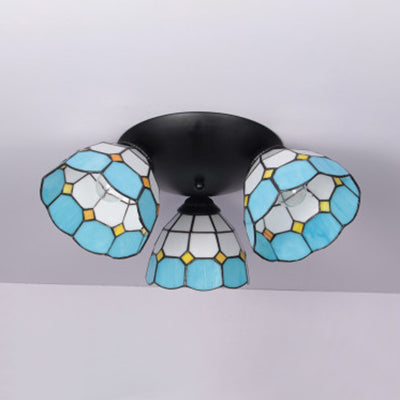 Dome-Shaped Stained Glass Ceiling Light with 3 Lights - Tiffany Style (Blue/Black Finish)