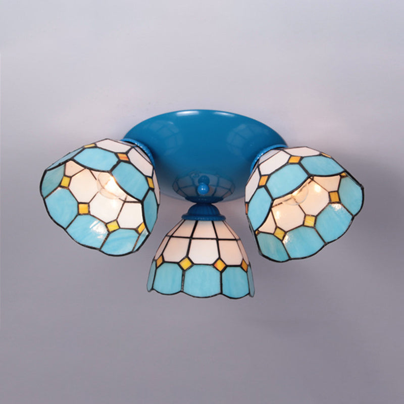 Dome-Shaped Stained Glass Ceiling Light with 3 Lights - Tiffany Style (Blue/Black Finish)