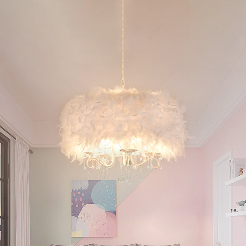 Modern White Feather Drum Shade Chandelier With 5 Lights - Stylish Suspension Light For Living Room