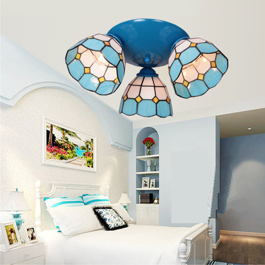 Dome-Shaped Stained Glass Ceiling Light with 3 Lights - Tiffany Style (Blue/Black Finish)