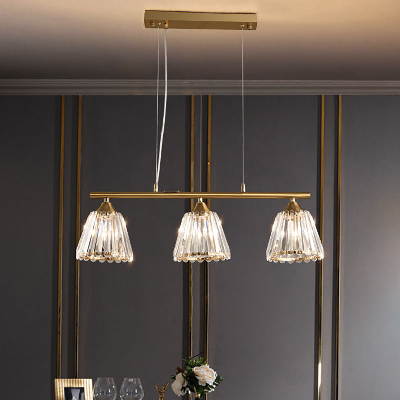 Linear Crystal Island Pendant Light With Conic Gold Shade - 3/4 Heads Modern Hanging Fixture