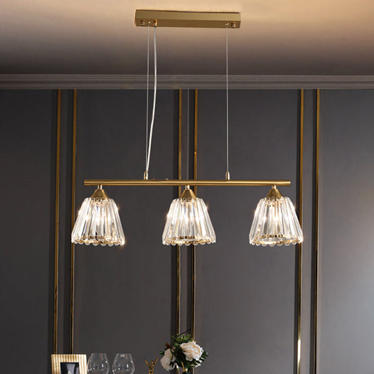 Linear Crystal Island Pendant Light With Conic Gold Shade - 3/4 Heads Modern Hanging Fixture