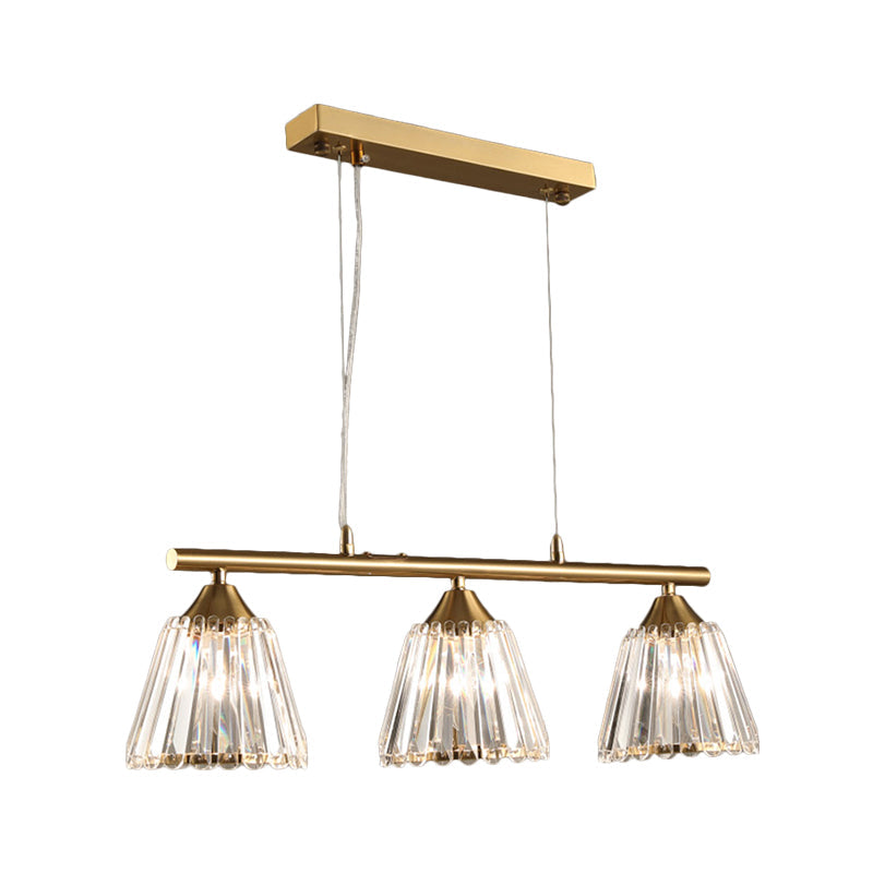 Linear Crystal Island Pendant Light With Conic Gold Shade - 3/4 Heads Modern Hanging Fixture