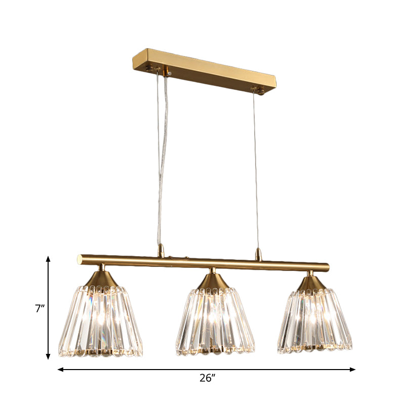 Linear Crystal Island Pendant Light With Conic Gold Shade - 3/4 Heads Modern Hanging Fixture