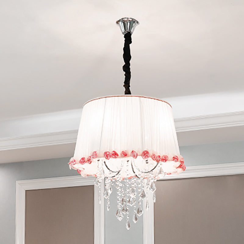 4-Light Tapered Chandelier Lamp: Modern Fabric Pendant Light With Clear Crystal Beads In White And