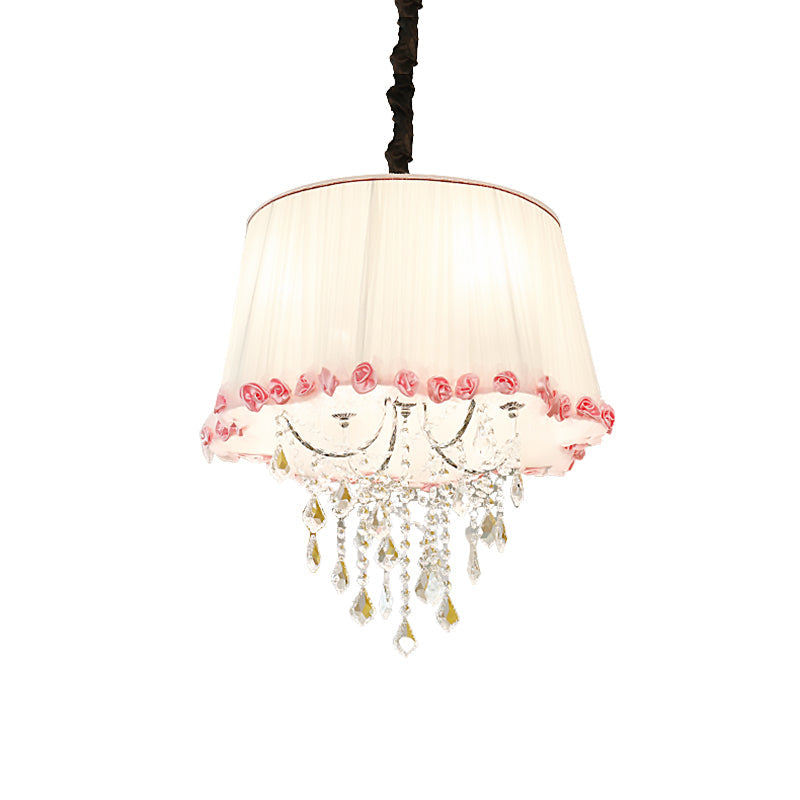 4-Light Tapered Chandelier Lamp: Modern Fabric Pendant Light With Clear Crystal Beads In White And