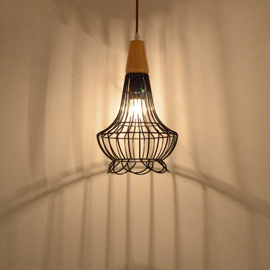 Vintage Metallic Pendant Lamp with Pear/Diamond/Gourd Cage Design - 1 Head Ceiling Hanging Light in Black